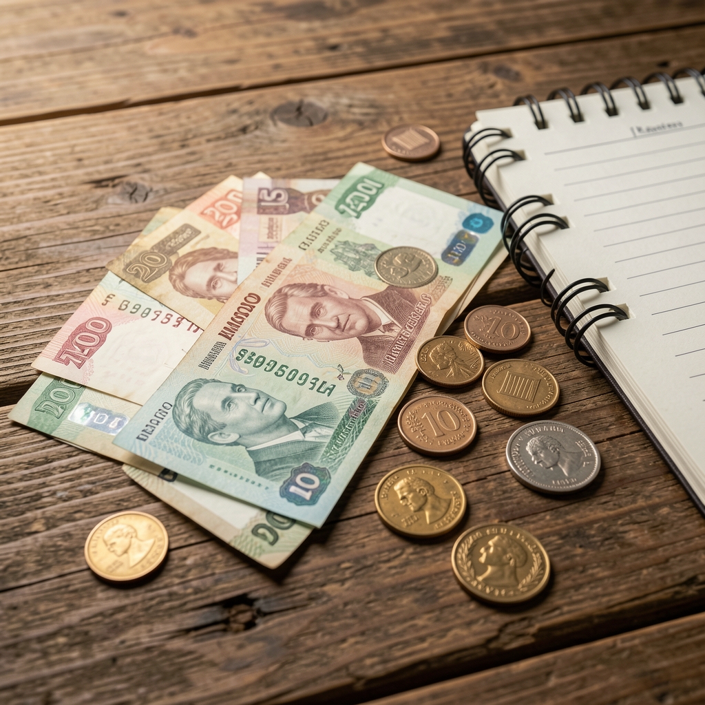 Primer plano de billetes de peso argentino ordenados junto a monedas sobre una mesa de madera, con una libreta de anotaciones al costado