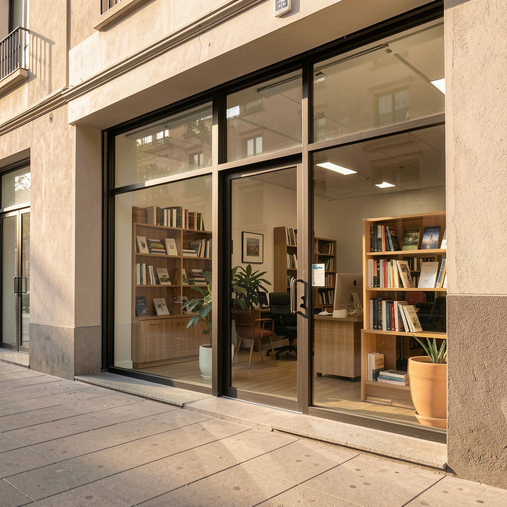 Exterior sobrio de una oficina editorial en Salta con puerta de vidrio y luz de mañana