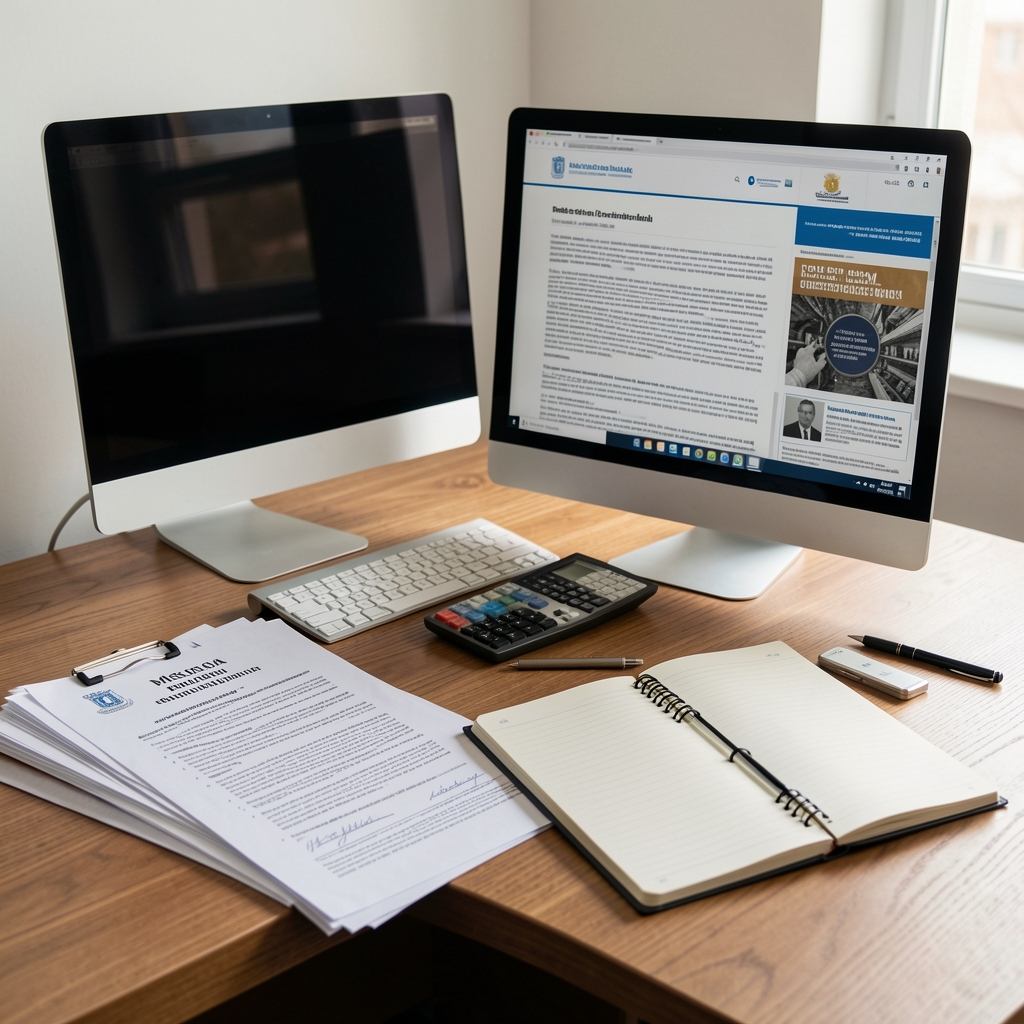 Mesa editorial con documentos públicos argentinos, computadora y cuaderno de investigación